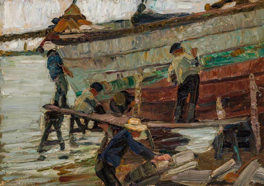 Appraisal: OTTO ANTOINE German - Fixing the Boats oil on canvasboard