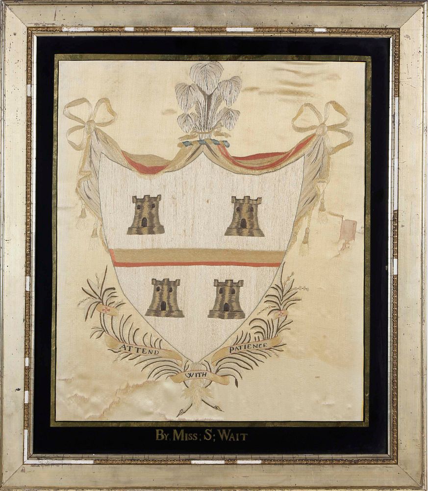 Appraisal: Miss S Wait Silk Needlework Attend with Patience Coat-of-Arms circa