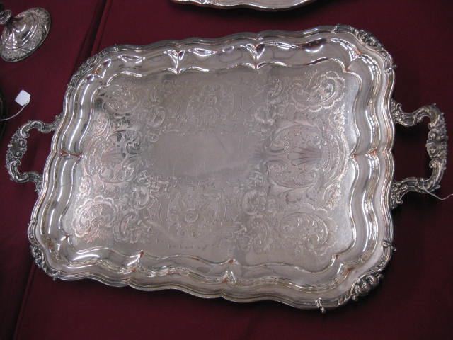 Appraisal: English Silverplate Serving Tray floral decor x plus handles