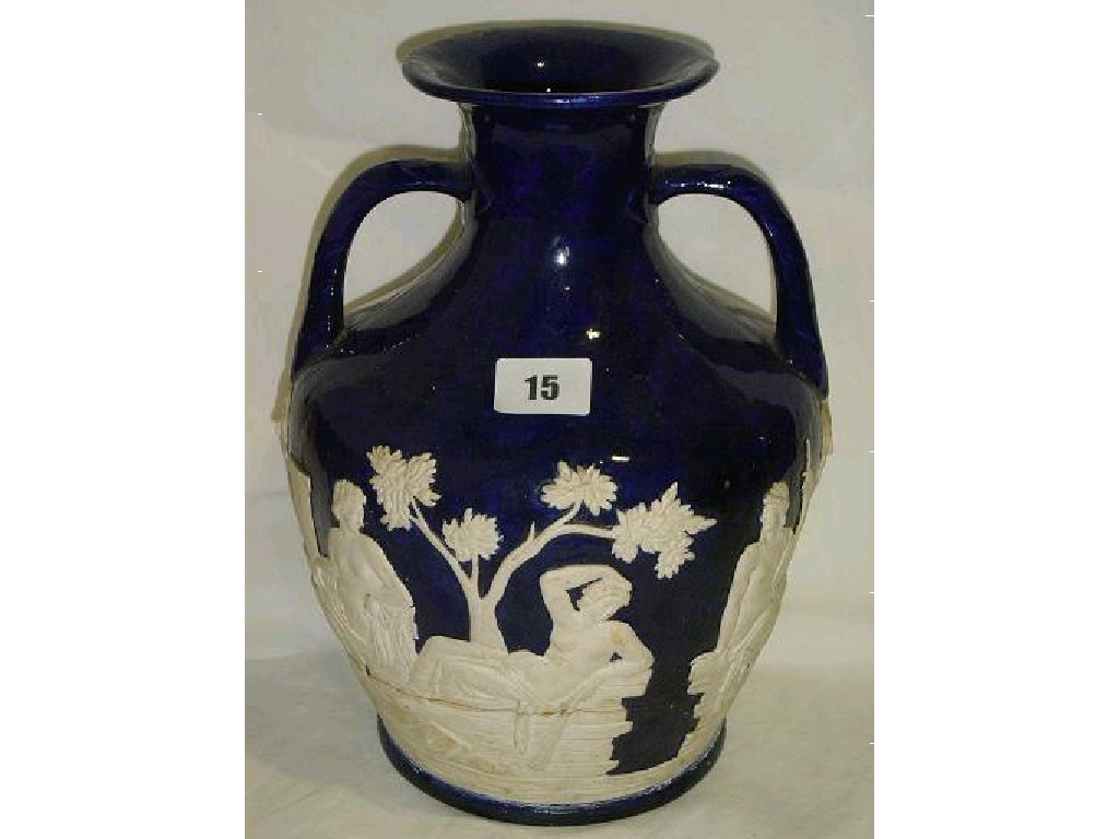 Appraisal: A blue ground -handled vase with relief cameo style decoration