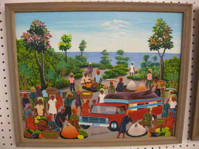 Appraisal: Haitian Painting by Amerlin Delinois village marketplace well listed artist