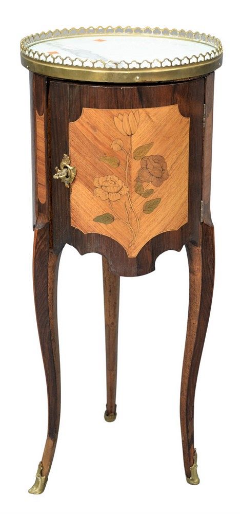 Appraisal: French Style Marquetry Inlaid Marble Top Stand having a brass