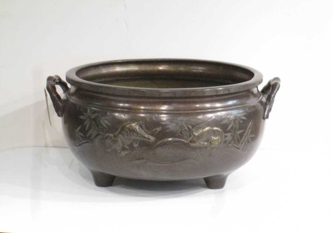 Appraisal: LARGE CHINESE BRONZE CENSER a -handle bowl with relief and