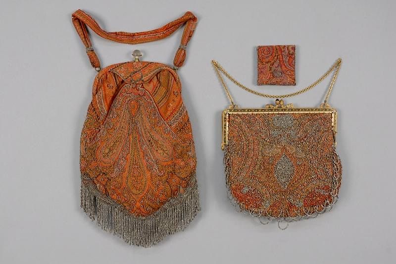 Appraisal: TWO STEEL BEADED WOOL PAISLEY BAGS EARLY th C One