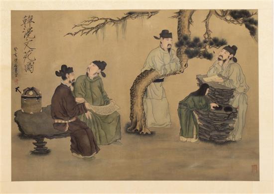 Appraisal: Sale Lot A Chinese Scroll Painting depicting scholarly figures composing