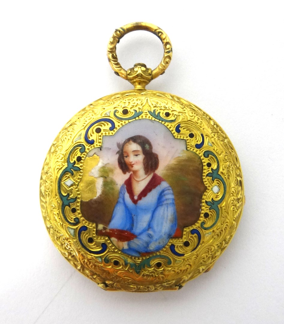 Appraisal: A lady's gold cased and enamelled key wind openfaced fob