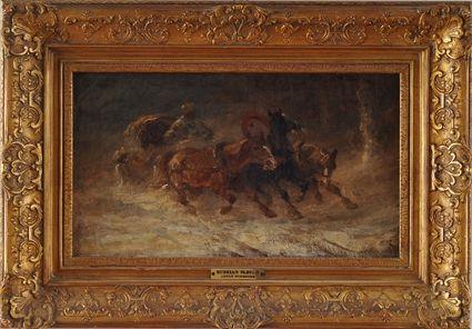 Appraisal: CONTINENTAL SCHOOL RUSSIAN HORSE-DRAWN SLEIGH Oil on canvas x in