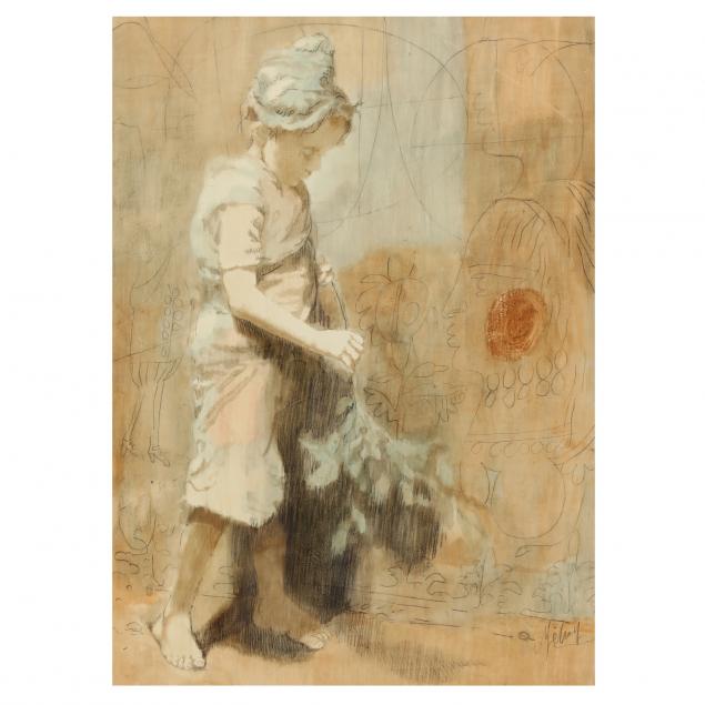 Appraisal: CONGER METCALF AMERICAN - CHILD WITH LEAVES Graphite and oil