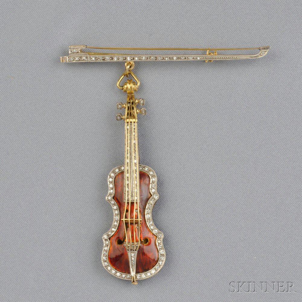 Appraisal: kt Gold Enamel and Diamond Violin Brooch designed as a