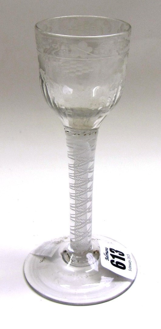 Appraisal: An engraved wine glass circa the moulded ogee bowl engraved