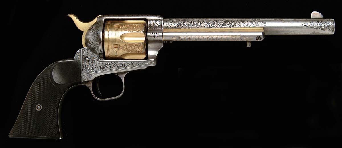 Appraisal: SPECTACULAR NIMSCHKE ENGRAVED SILVER GOLD SINGLE ACTION ARMY REVOLVER Cal