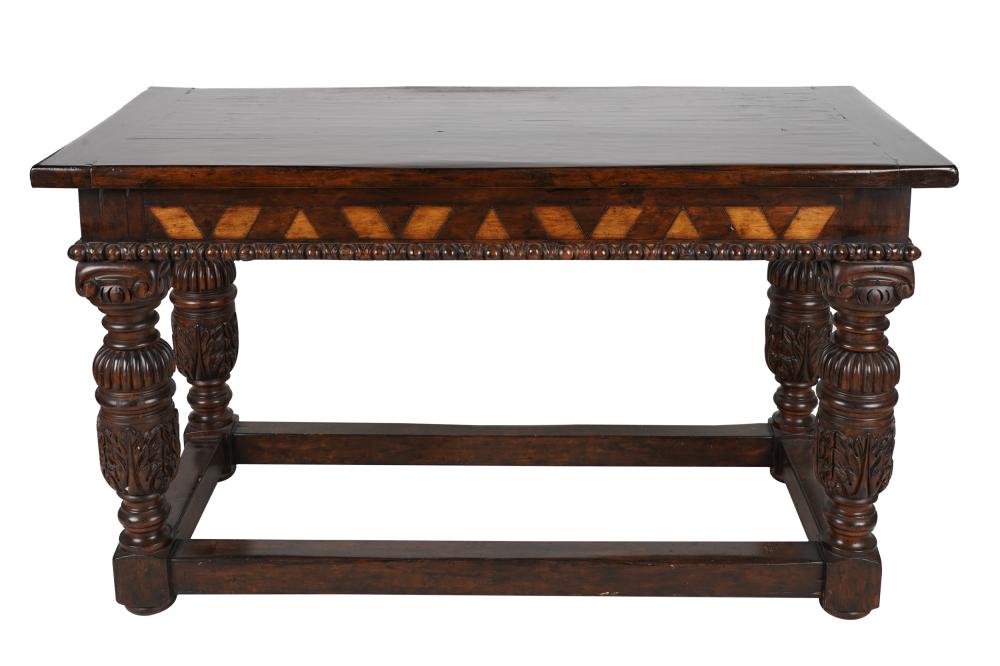 Appraisal: TUDOR-STYLE CARVED INLAID WALNUT SIDE TABLElate th century Condition scattered