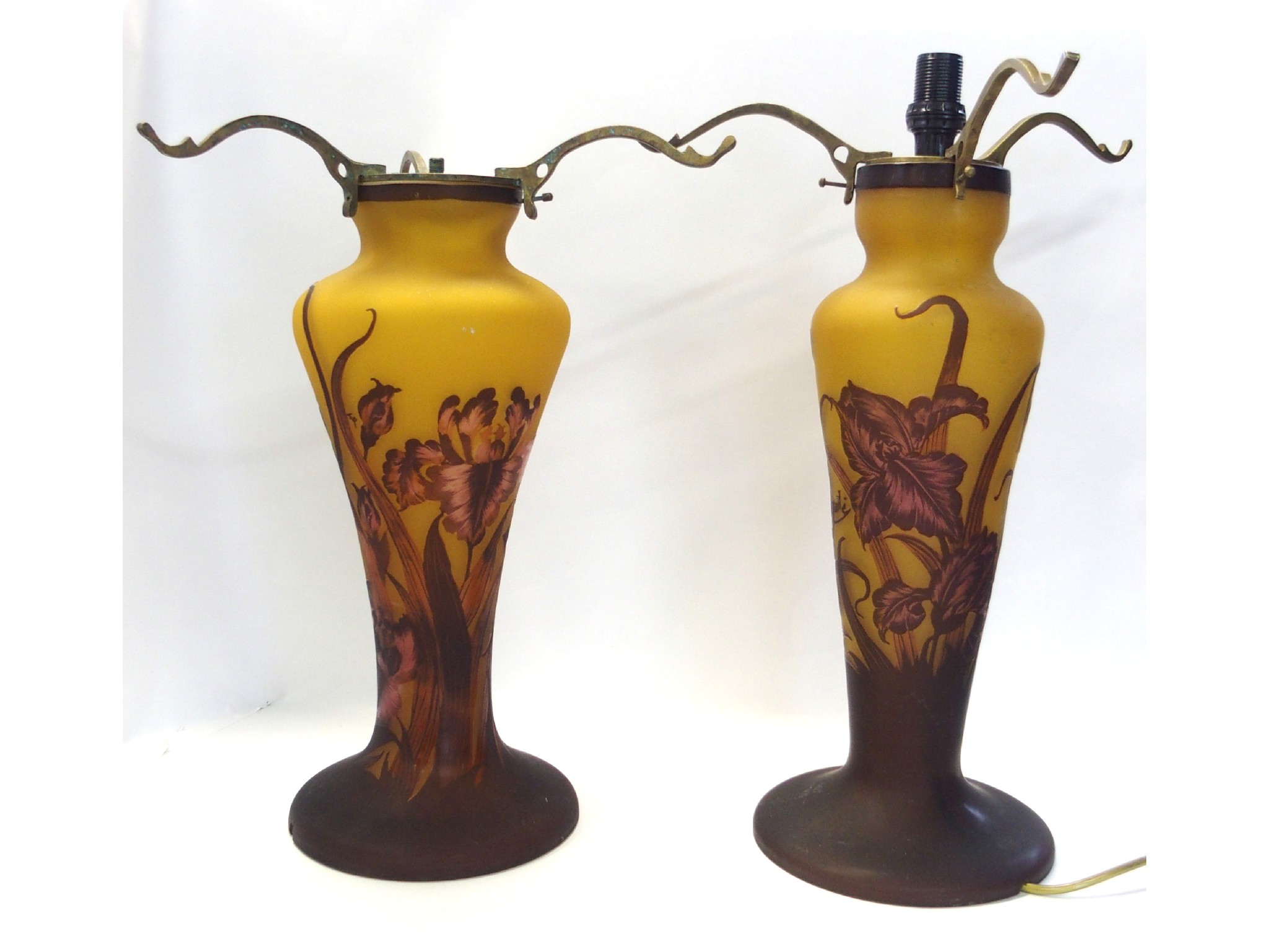 Appraisal: Two cameo glass lamp bases depicting Irises lacking shades marked