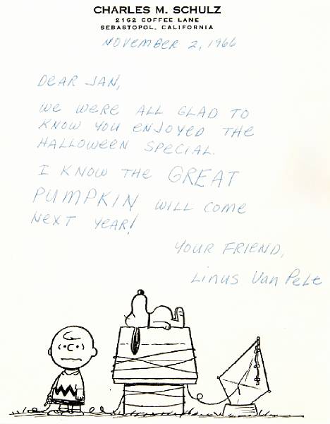 Appraisal: SCHULTZ CHARLES Autograph Letter Signed Linus Van Pelt p vo