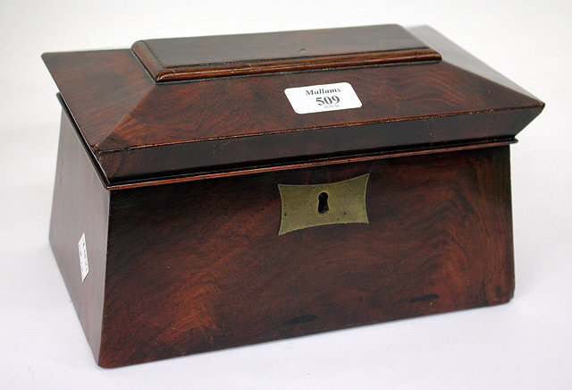 Appraisal: A TH CENTURY MAHOGANY TEA CADDY of sarcophagus form cm