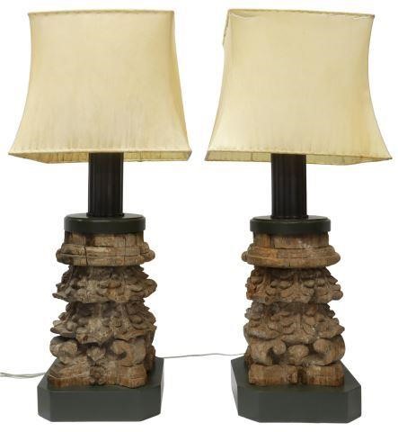 Appraisal: pair Architectural carved wood Corinthian capitals now fashioned as single-light