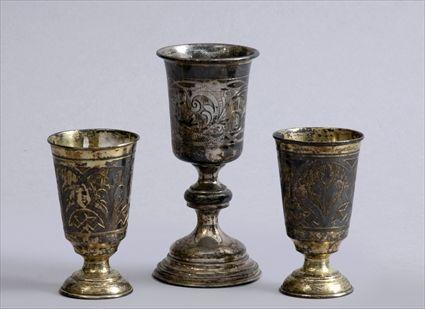 Appraisal: THREE RUSSIAN NIELLO SILVER STEMMED CUPS Comprising a pair with