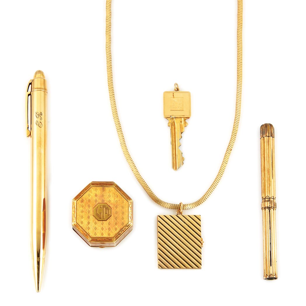 Appraisal: Gold Pill Box Snake Chain with Charm Eversharp Pencil Gold-Filled