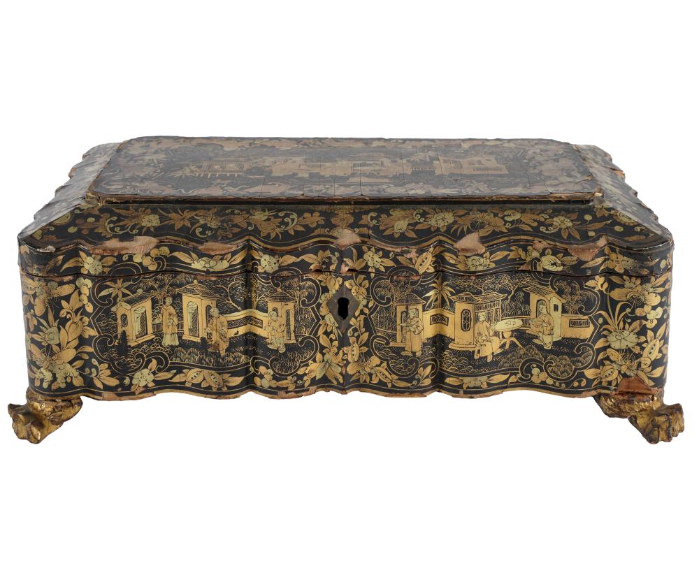 Appraisal: CHINESE EXPORT LACQUERED GAMES BOXthe hinged lid enclosing a covered