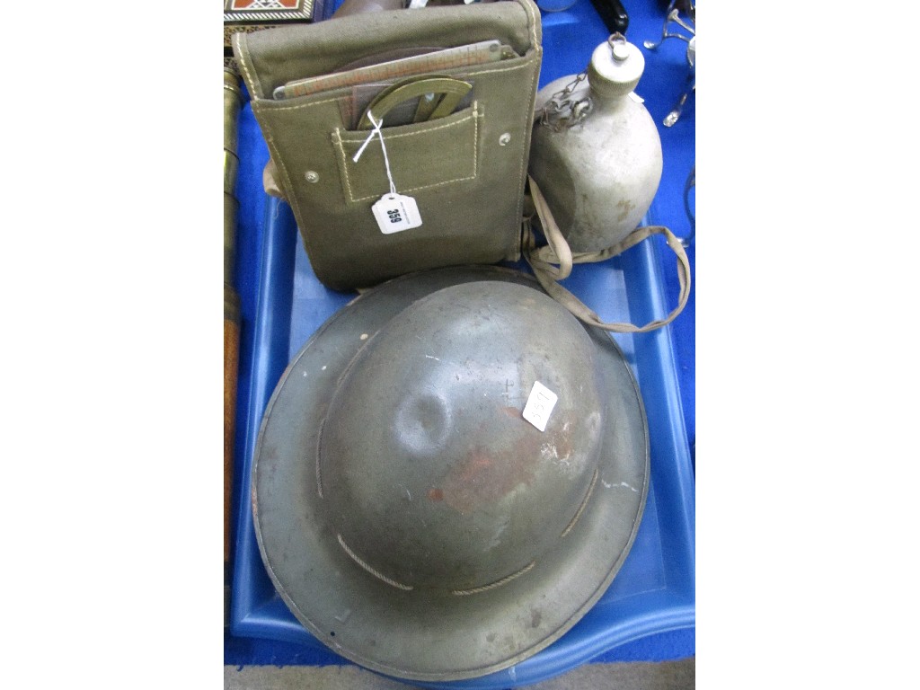 Appraisal: Tray lot of militaria - helmet maps in case gas