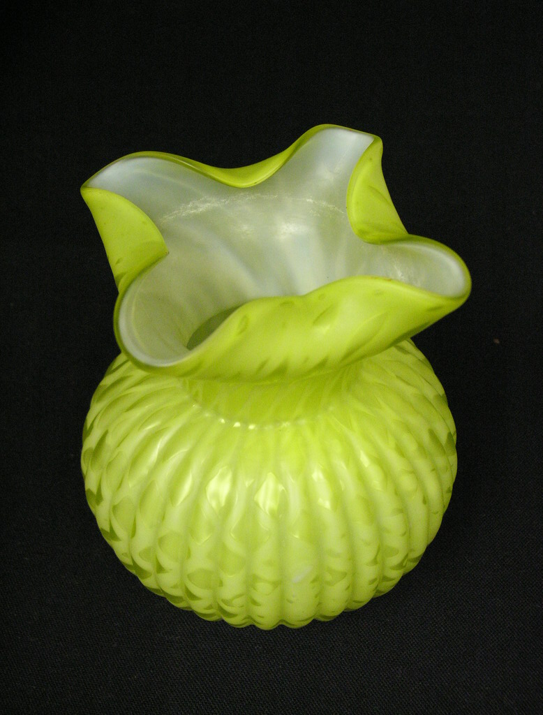 Appraisal: RIBBED CUT VELVET ART GLASS VASE Greenish yellow with white