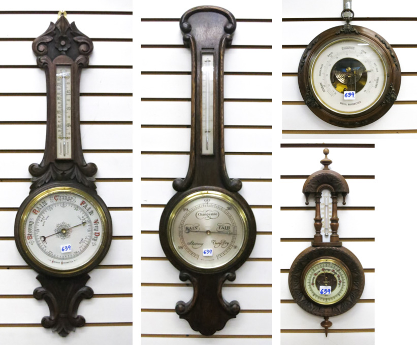 Appraisal: FOUR WALL ANEROID BAROMETERS carved oak banjo barometer thermometer by