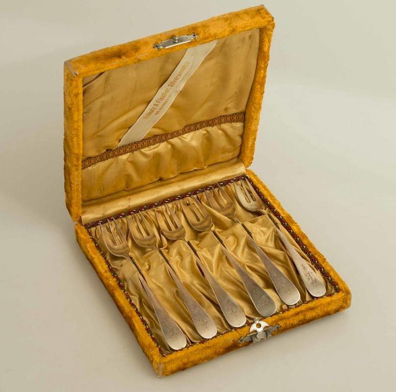 Appraisal: Six Cased Sterling Silver Forks Six gilt sterling seafood cocktail