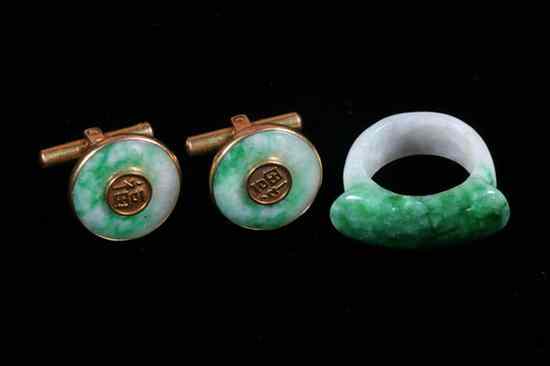 Appraisal: PAIR CHINESE K YELLOW GOLD AND JADEITE CUFFLINKS Gold-bordered disk