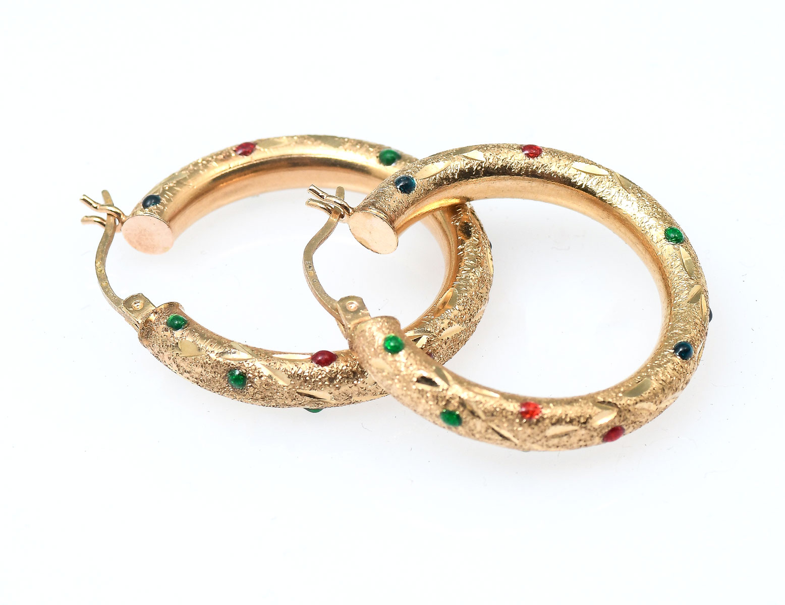 Appraisal: K HOOP EARRINGS WITH GEMSTONES K yellow gold textured hollow