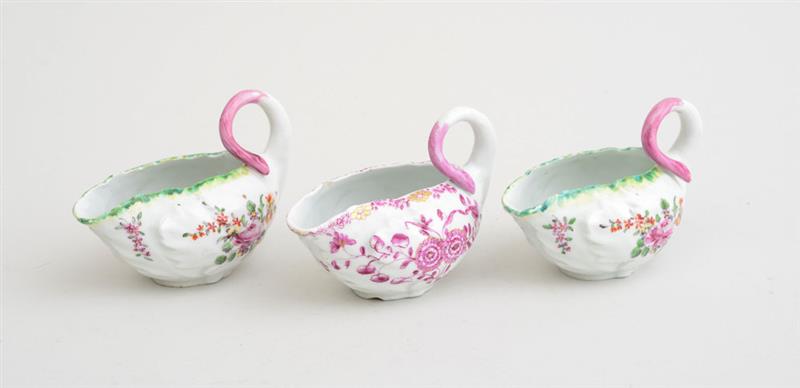 Appraisal: THREE DERBY FLORAL-DECORATED LEAF-MOLDED PORCELAIN SMALL SAUCEBOATS Unmarked one with