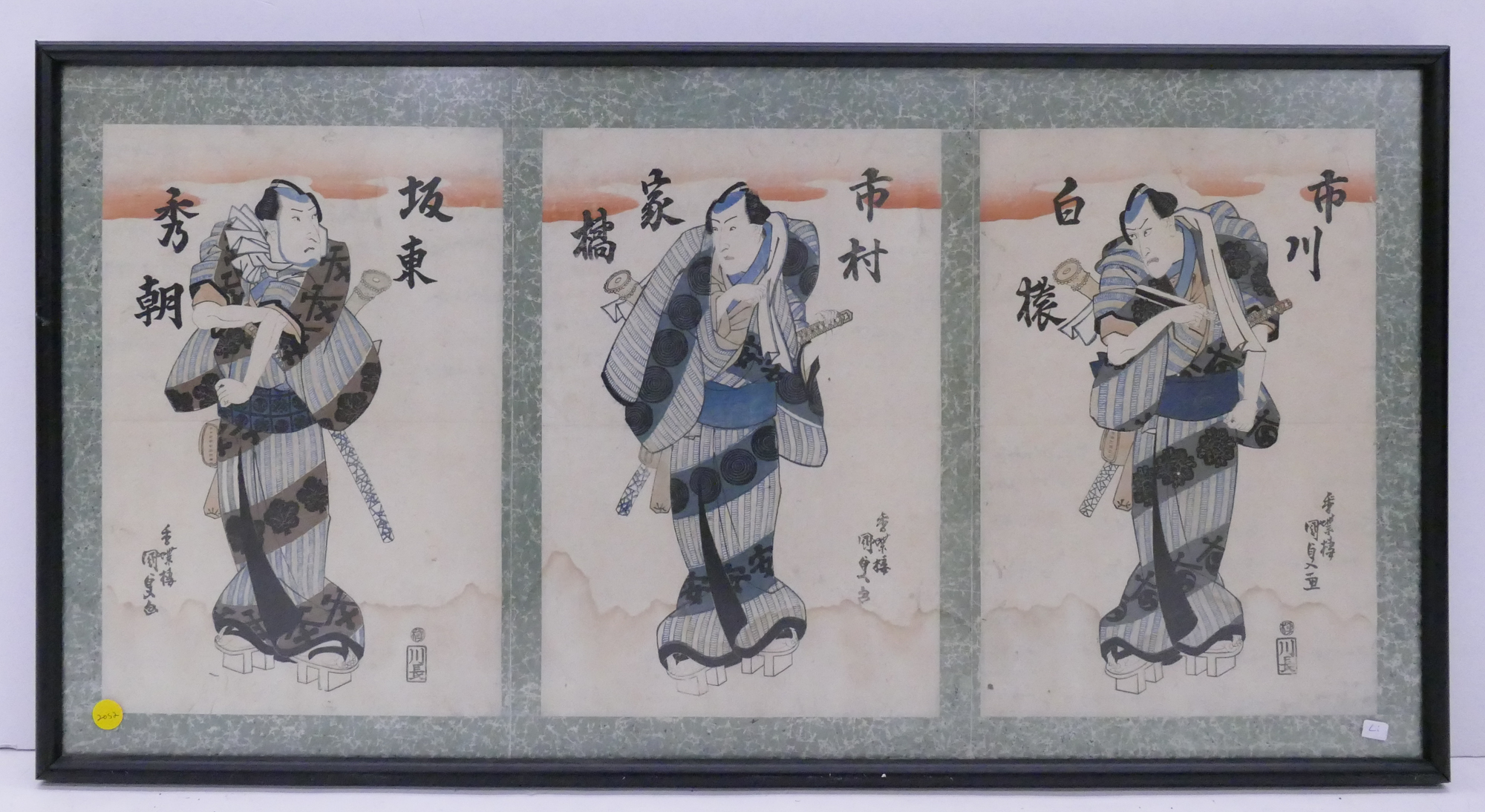 Appraisal: Japanese Meiji Samurai Woodblock Triptych Framed- x '' some staining