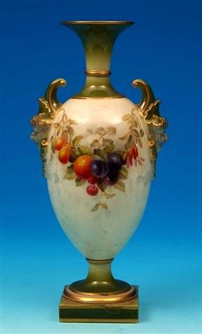 Appraisal: A Royal Worcester vase with twin faun handles decorated with