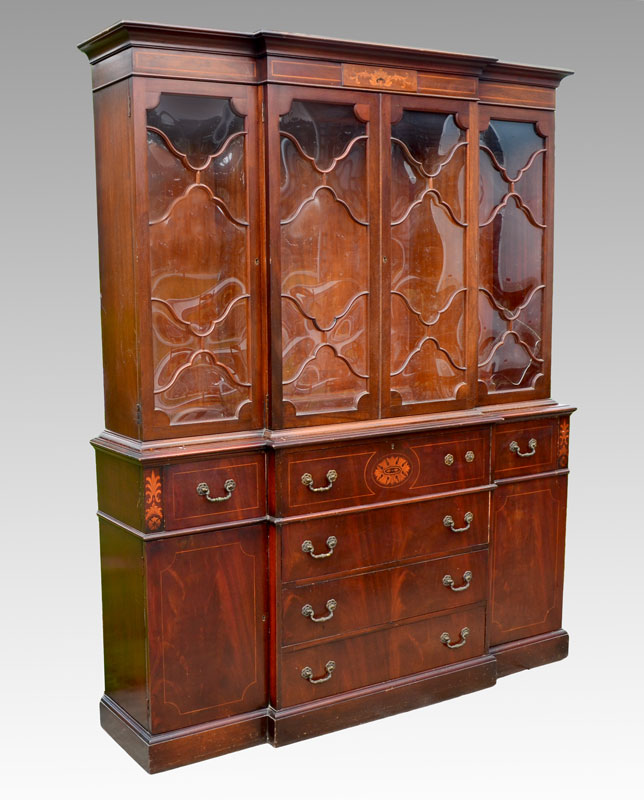 Appraisal: HEPPLEWHITE STYLE INLAY MAHOGANY BREAKFRONT SECRETARY BOOKCASE In two parts