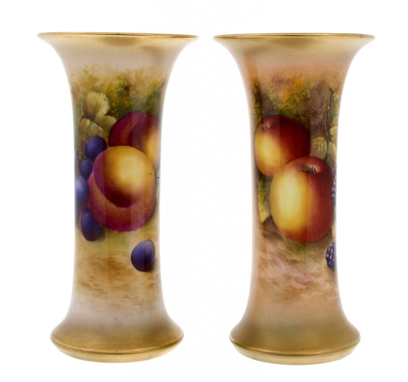 Appraisal: TWO ROYAL WORCESTER SPILL VASES painted by H Ayrton or