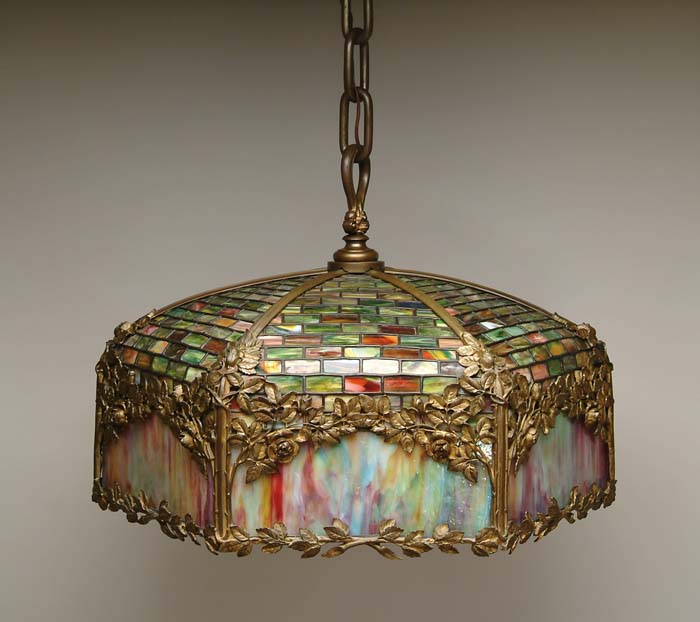 Appraisal: LEADED GLASS CHANDELIER Outstanding chandelier has six geometric leaded glass