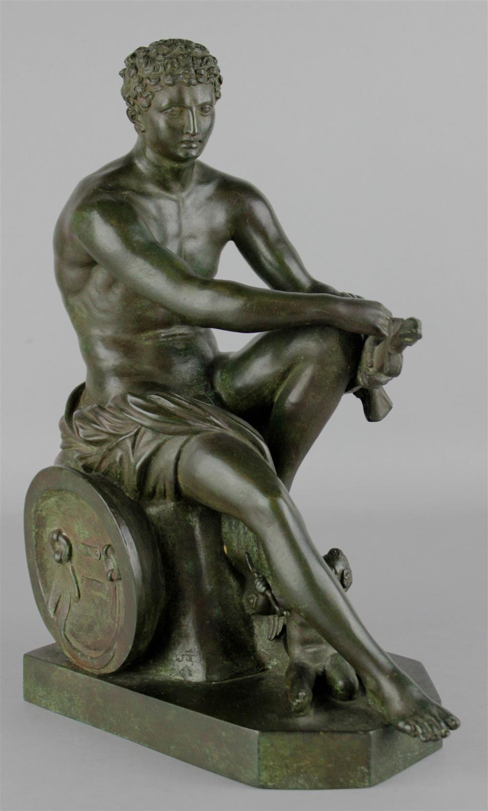 Appraisal: PATINATED BRONZE SCULPTURE AFTER THE ANTIQUE SEATED MARBLE FIGURE OF