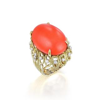 Appraisal: A Coral and Diamond Ring Set with a large oval-shaped