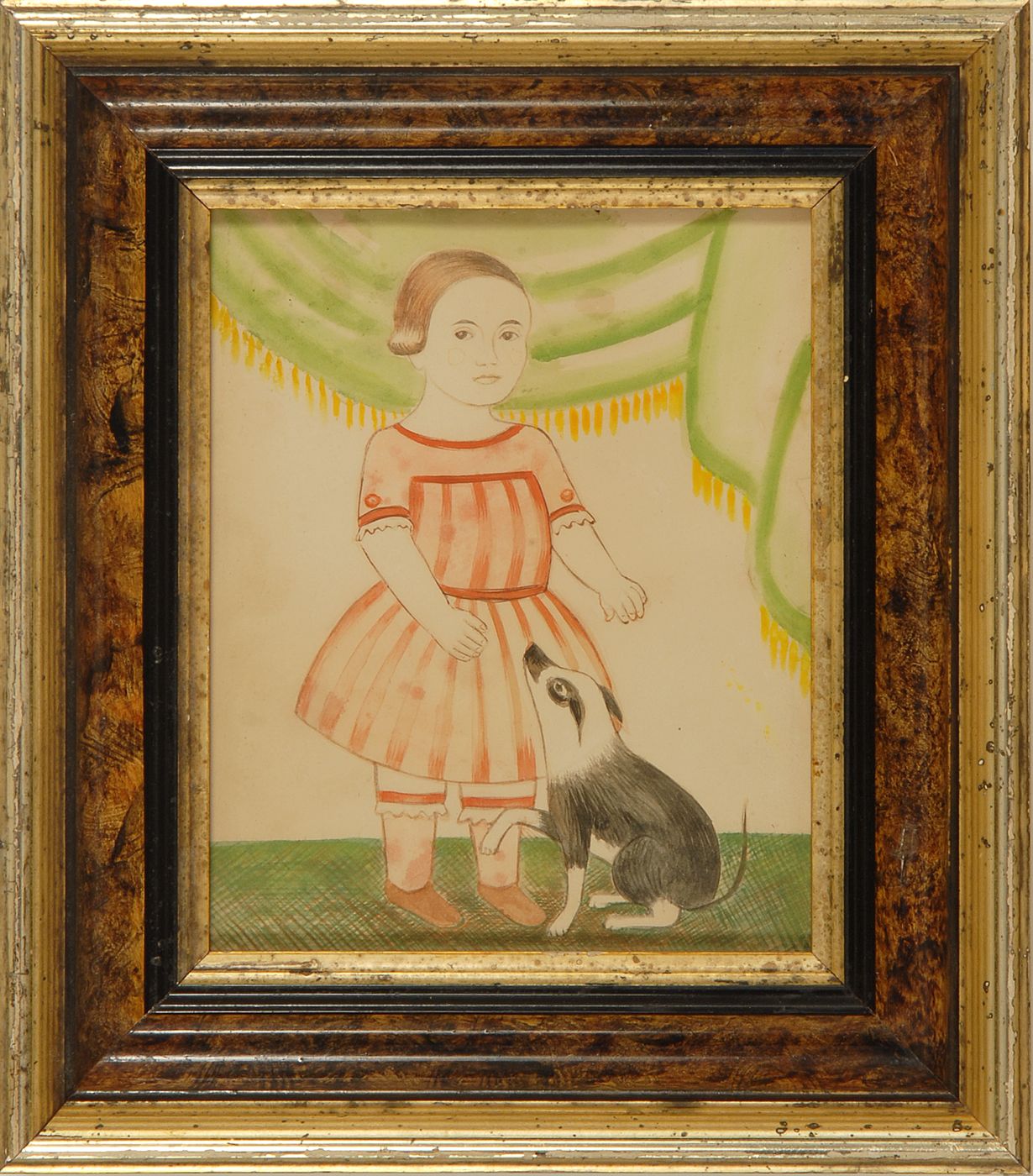 Appraisal: AMERICAN SCHOOL th CenturyPrimitive portrait of a girl with a