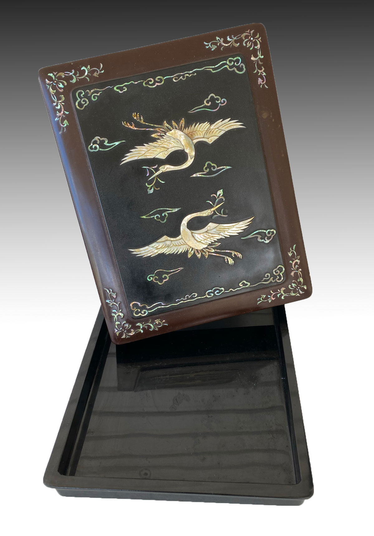 Appraisal: JAPANESE LACQUERED INLAID DOCUMENT BOX Having a flying crane amongst