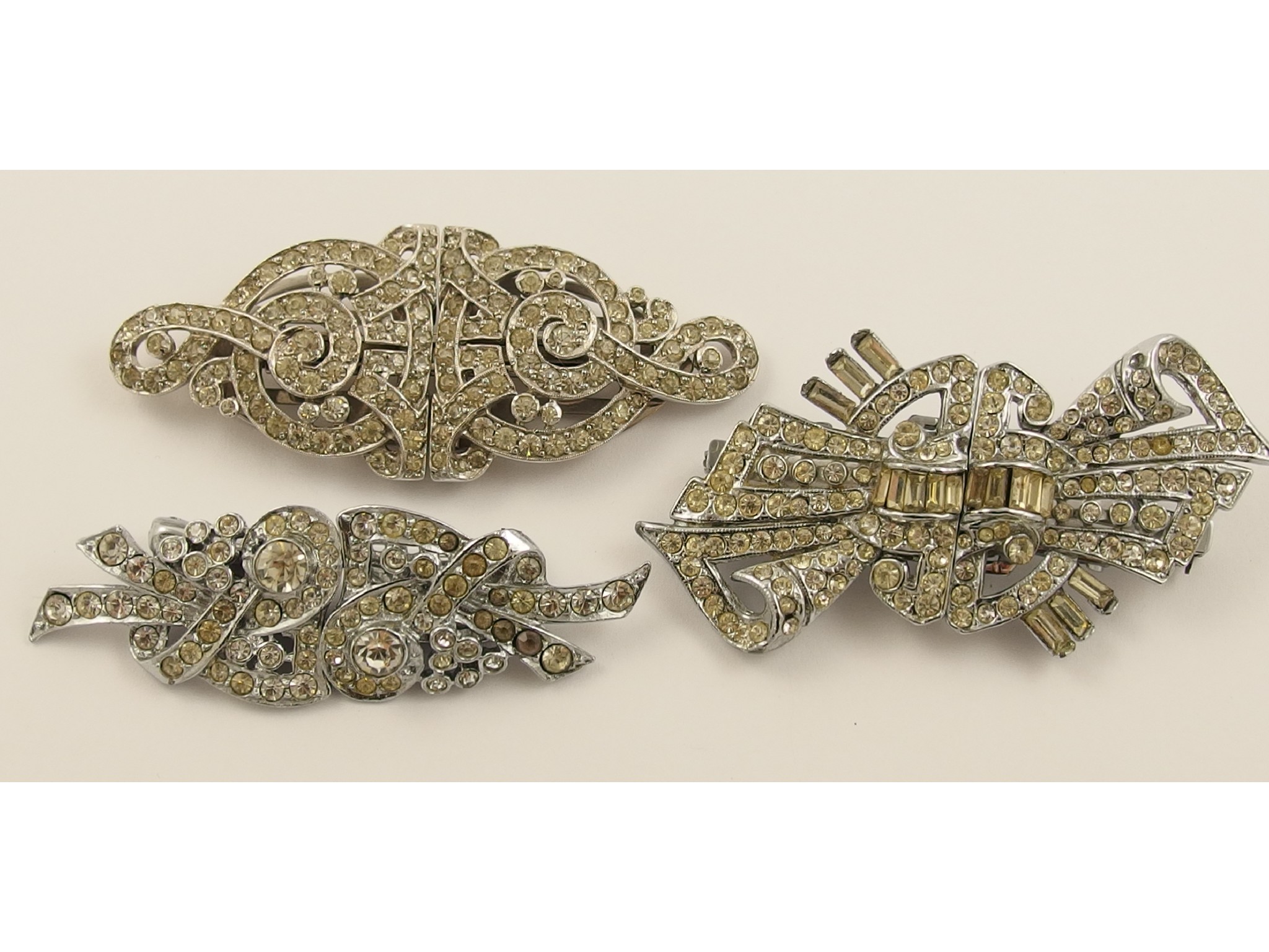 Appraisal: Three vintage Art Deco diamante dress clip brooches