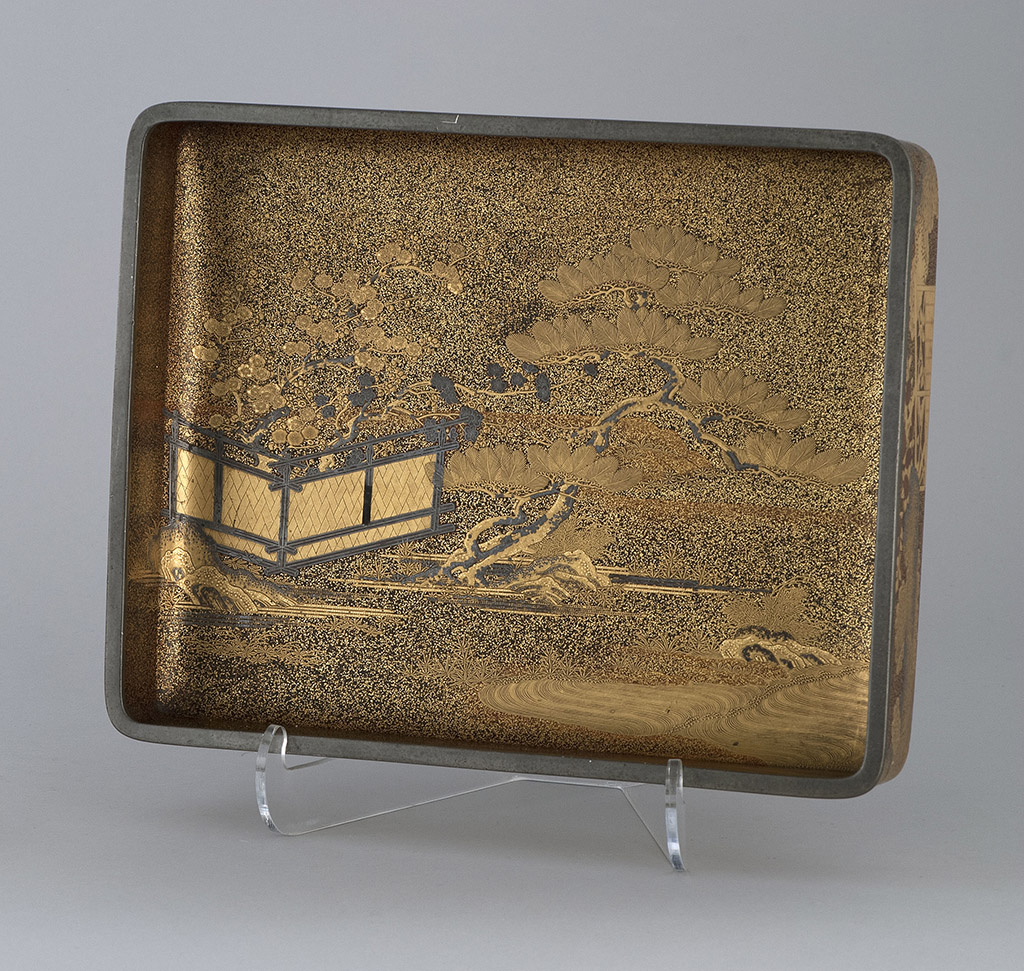 Appraisal: GOLD LACQUER TRAY th CenturyWith prunus and pine tree landscape