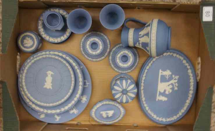 Appraisal: Tray comprising Wedgwood Jasperware including Plates Oval Plaque Jug Covered