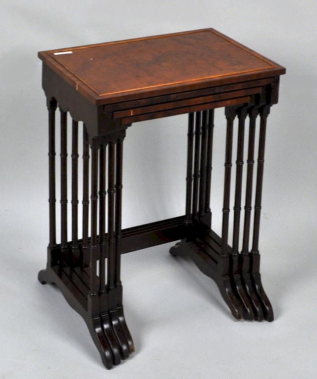 Appraisal: Set Four Inlaid Mahogany Nesting Tables with burl veneer tops