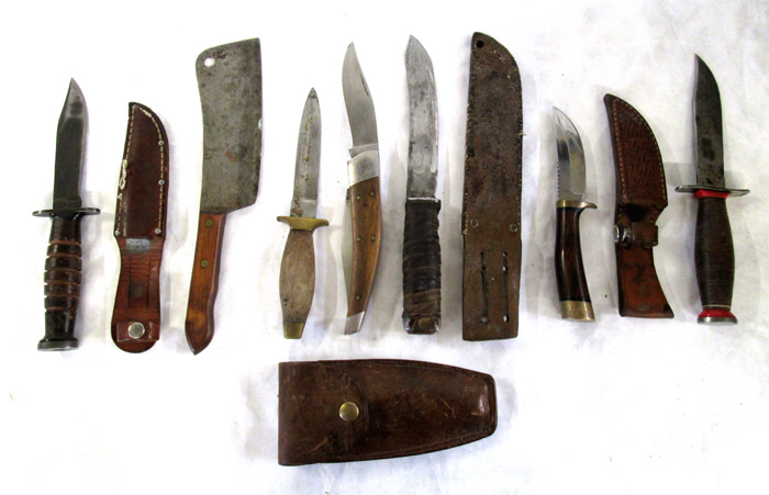 Appraisal: SIX KNIVES AND A CLEAVER Browning skinner ll fixed blade