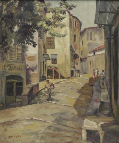 Appraisal: KRASZNAY G Oil on Canvas Street Scene Signed lower left