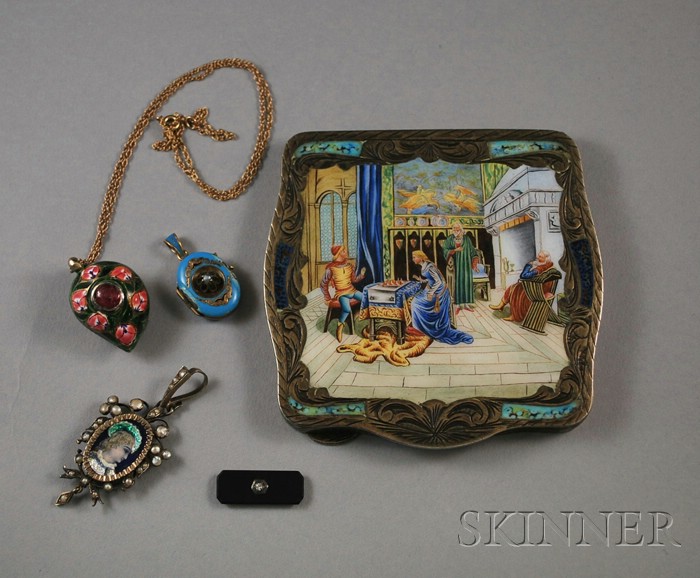 Appraisal: Small Group of Enamel Jewelry Items an enameled lady's compact