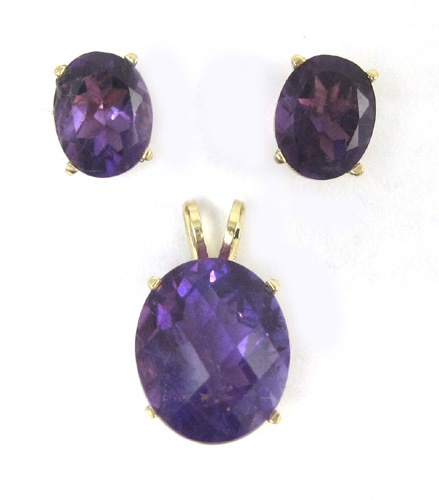 Appraisal: THREE ARTICLES OF AMETHYST JEWELRY including a k yellow gold