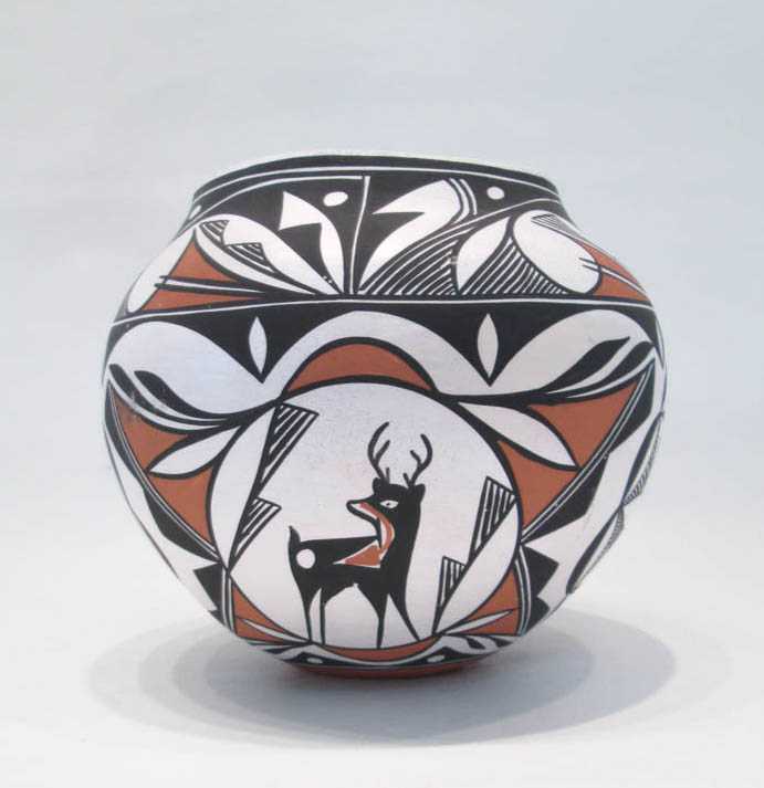 Appraisal: LOUISE AMOS ACOMA POTTERY JAR with heartline deer figures signed