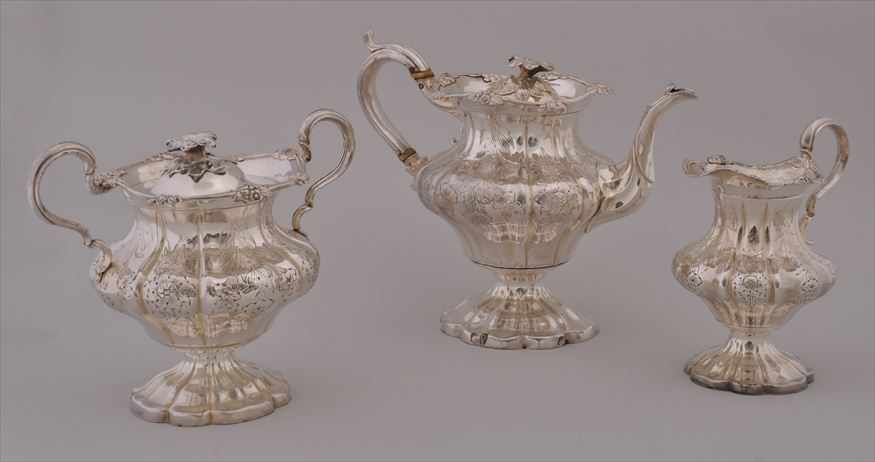 Appraisal: JAMES DIXON SONS SILVERPLATE THREE-PIECE TEA SERVICE Comprising a teapot