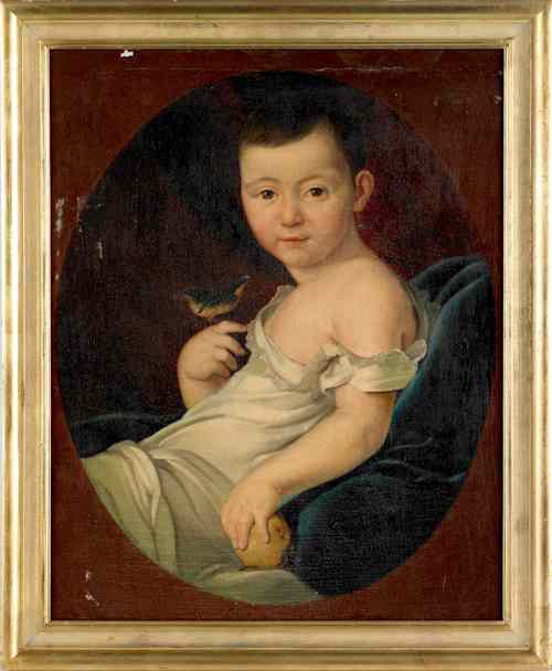 Appraisal: Oil on canvas portrait of a child holding a bird